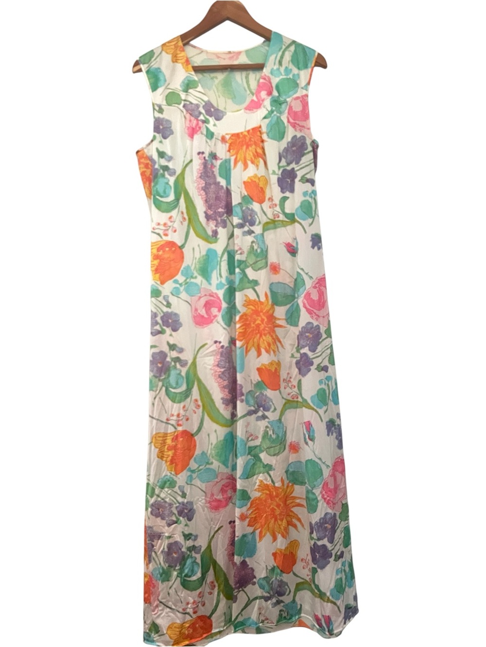 Vintage Floral Maxi Nightgown  Sleeveless Cottagecore Garden Print Lounge Dress - Picture 2 of 14